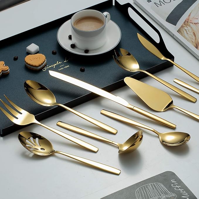 Berglander Gold Serving Utensils 10 Pieces, Titanium Golden Plating Serving Spoons, Included Cake Knife Cake Server Serving Forks Sugar Spoon Salad Spoon Forks Butter Knife Gravy Ladle ect.