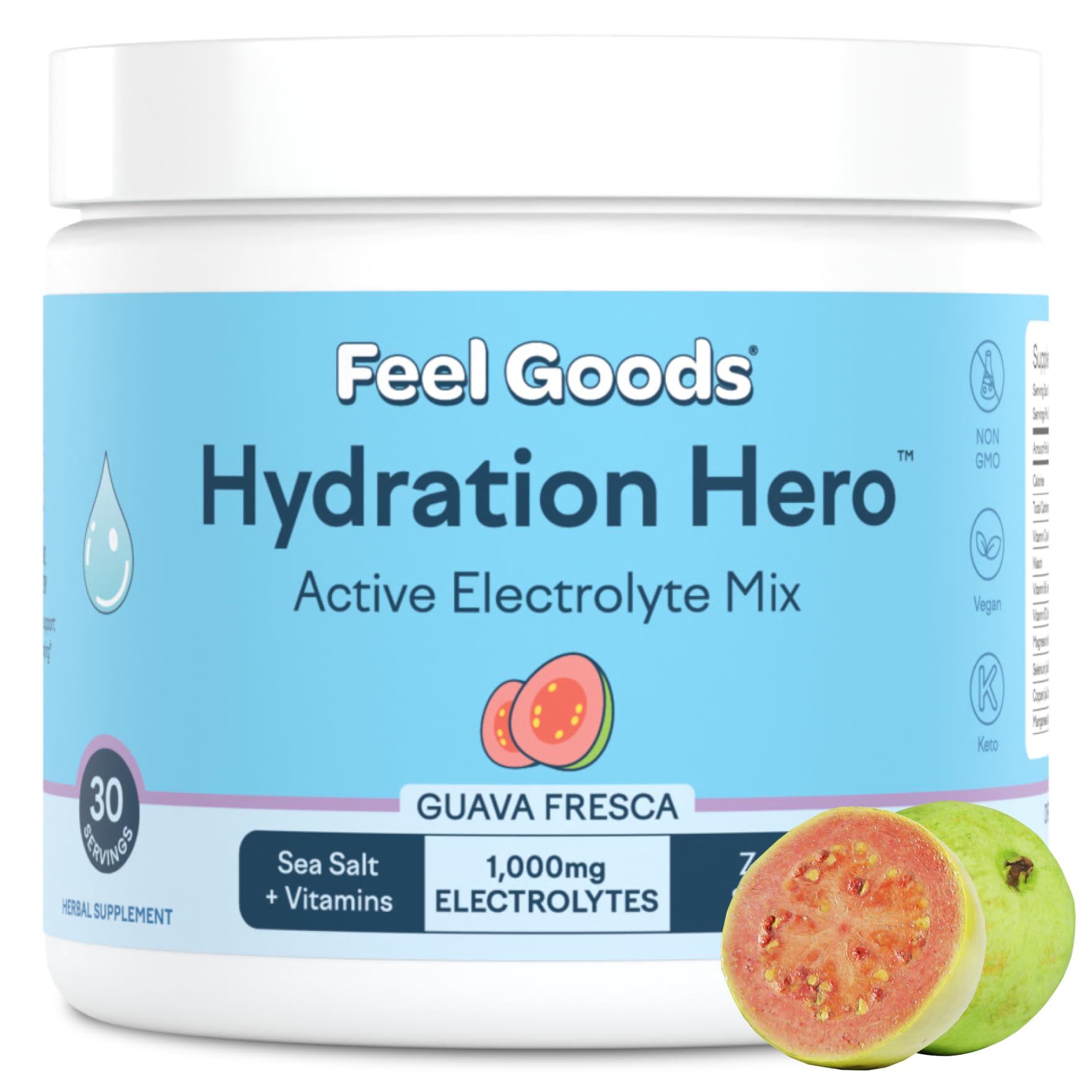 Hydration Hero, 1,000mg Electrolytes Powder, Sugar Free, Magnesium, Organic Aloe Vera, Organic Aloe, L Theanine, Vitamin C & B12, Non GMO, Keto, Vegan | Guava Fresca, 30 Servings
