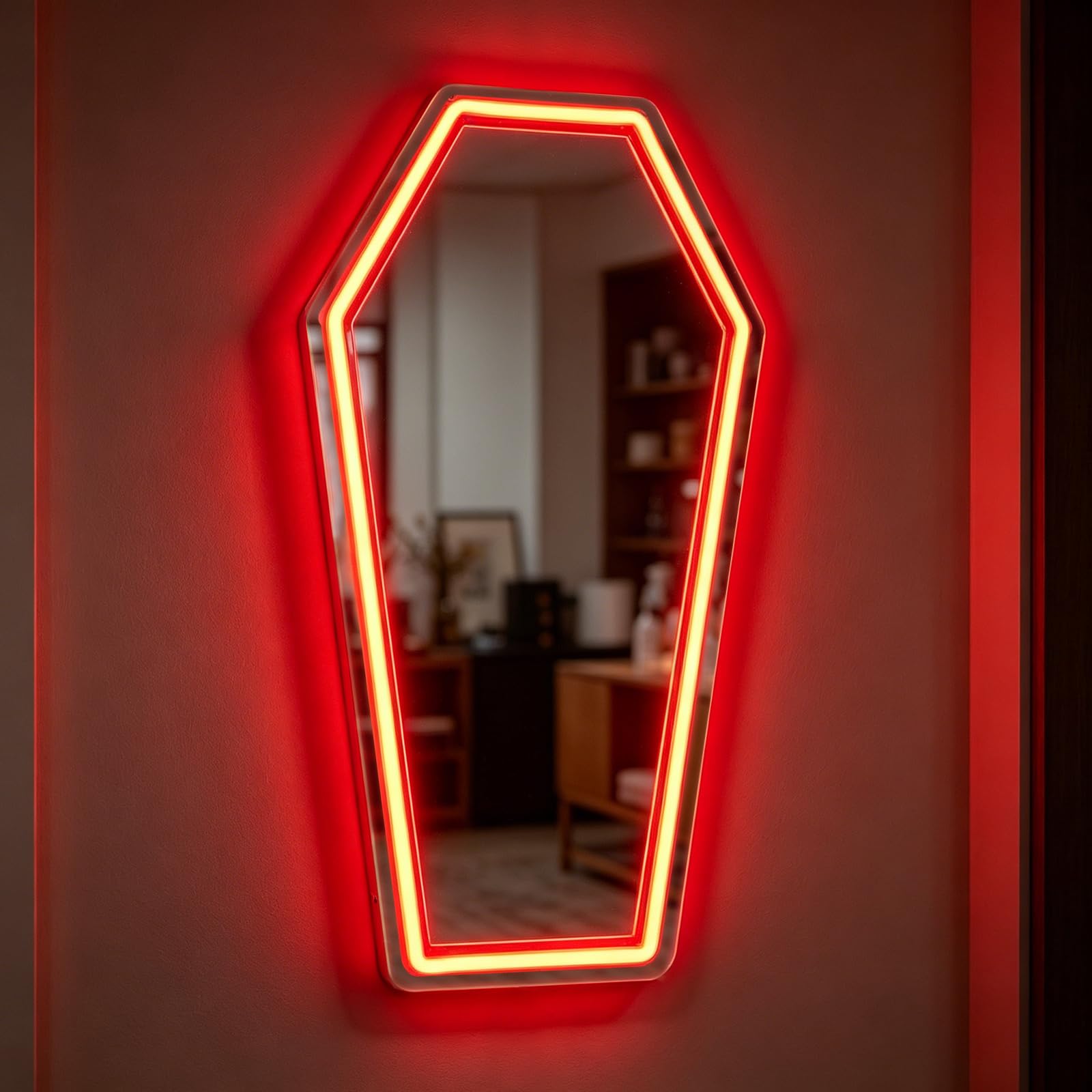 Neonowe znaki z lustrem trumny, ściemniane, zasilane przez USB, gotyckie światła LED, motyw nagrobka, dekoracja, trumna, LED, lustro, znak dla miłośników gotyckich, na stół, gotycki, Halloween