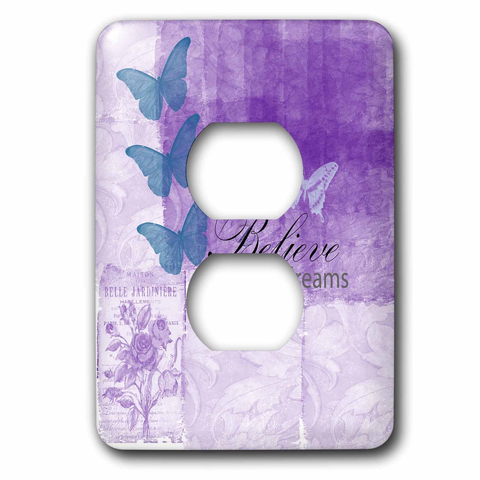 Plaque interrupteur déco chambre violette avec papillons vintage Believe in Your Dreams