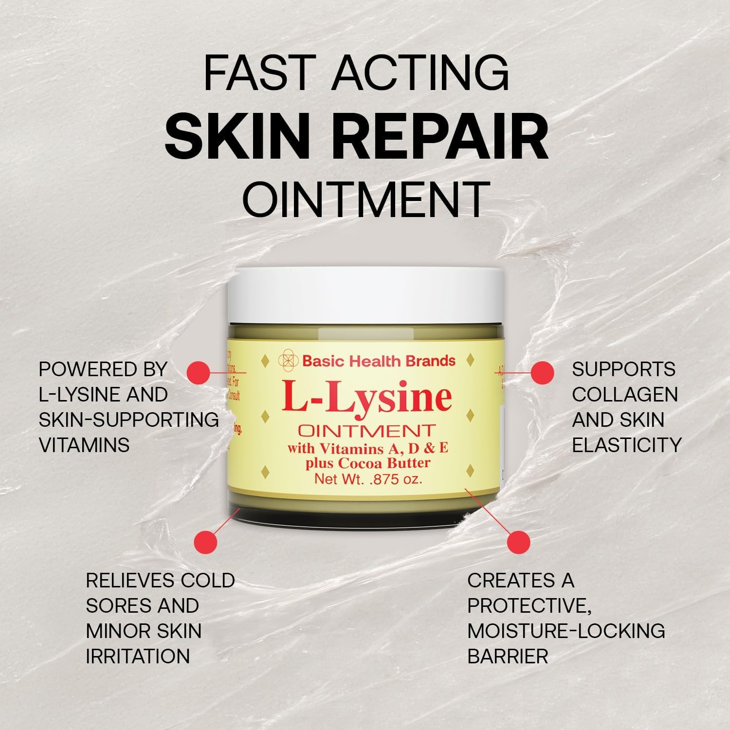 Basic Brands - L-Lysine Ointment - 0.875 oz - Lysine Cold Sore Treatment and Blister Relief - Soothes Lips – 4 Pack