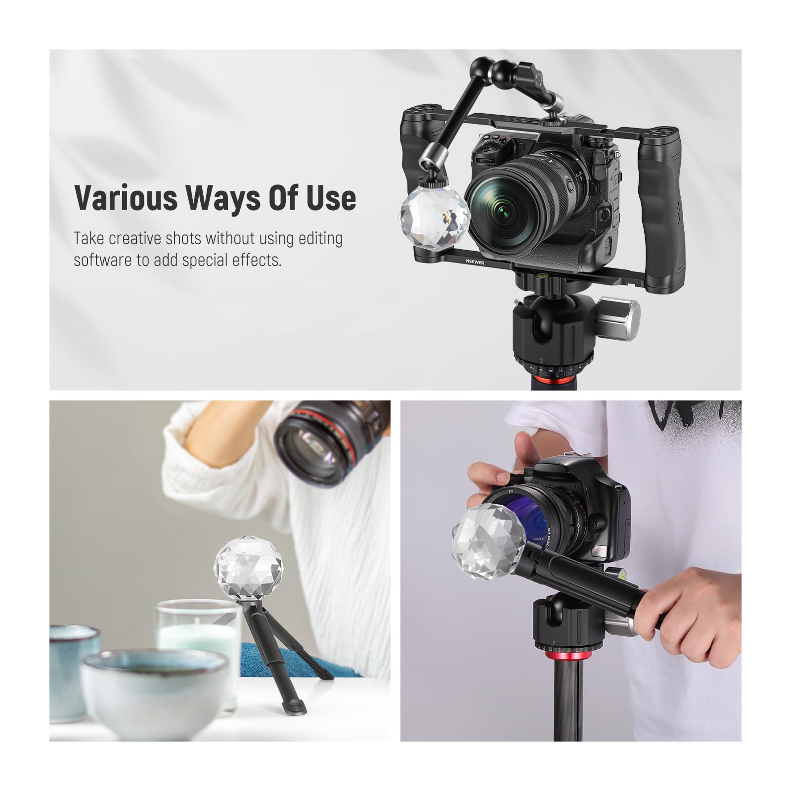 NEEWER 60mm Sfera Fotografica di Prisma Cristallo con Filettatura 1/4", Stand da Tavolo e Panno per Pulizia, Filtro Sferico di Effetto Prisma Arcobaleno in Vetro Ottico K9 per Fotografia, Fisica,CY001