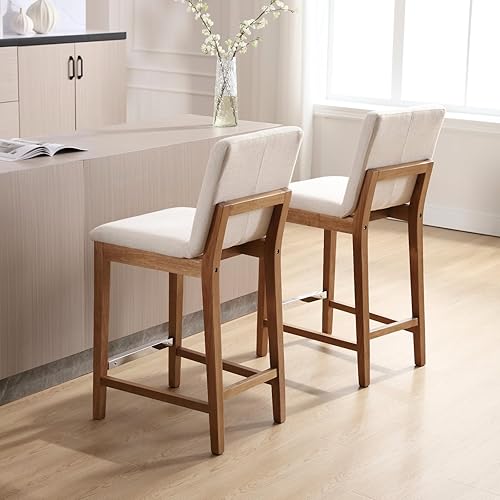 Miniatura 4 de Juego de 2 taburetes de bar tapizados de tela de lino con respaldo de 26 pulgadas, taburete rectangular de madera de mediados de siglo para comedor,