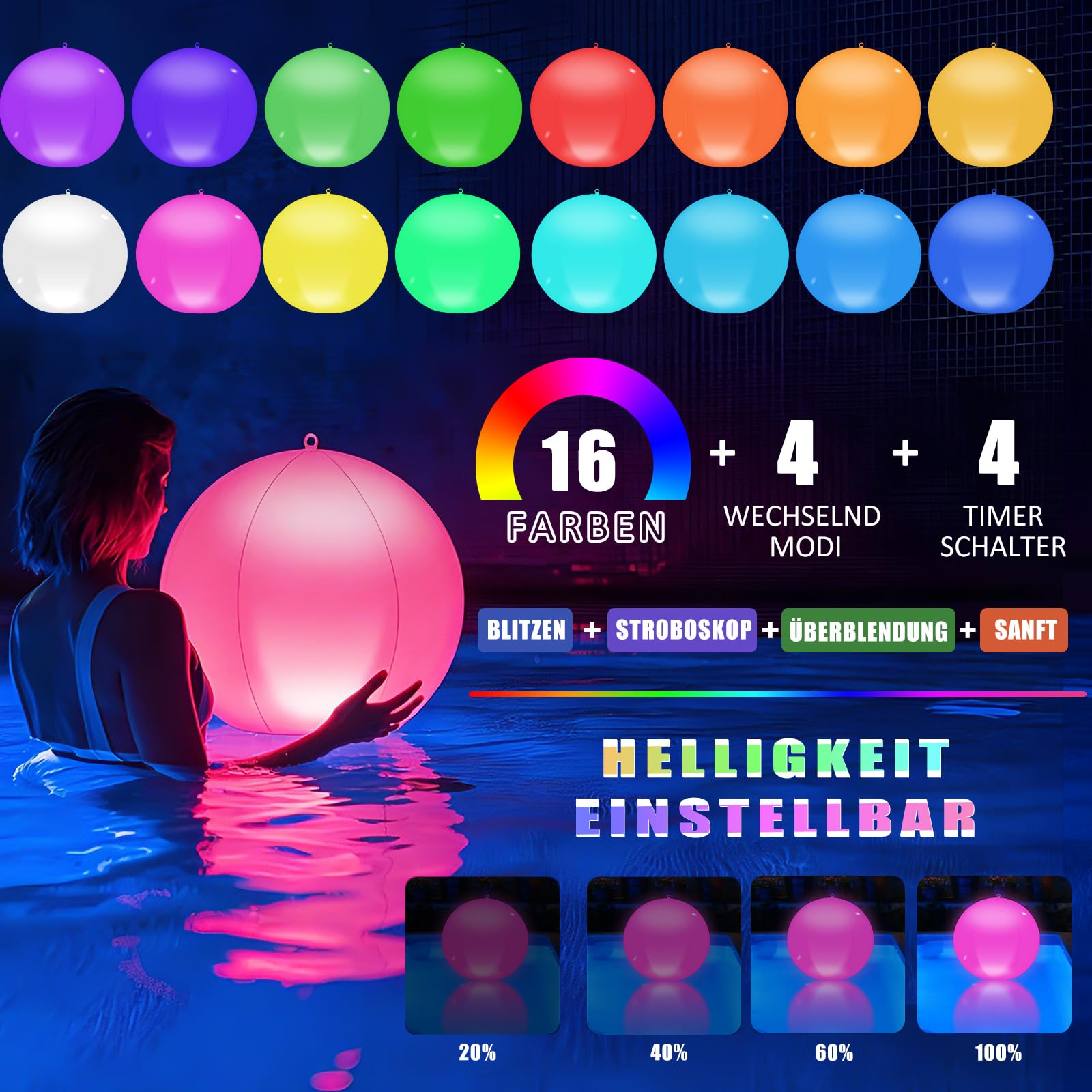 Schwimmende Poolbeleuchtung Solar, 4 Stück Poolbeleuchtung 16 RGB Farbwechsel Pool Lichter, Solar Schwimmende Pool Licht 34cm IP68 Wasserdichte Aufblasbare Solarleuchten für Garten, Teich, Party