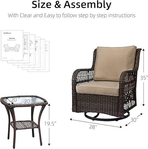 Miniatura 6 de Amyove Juego de sillas giratorias para patio al aire libre, juego de 3 piezas de mimbre para patio con cojines de primera calidad, 2 sillas y 1 mesa