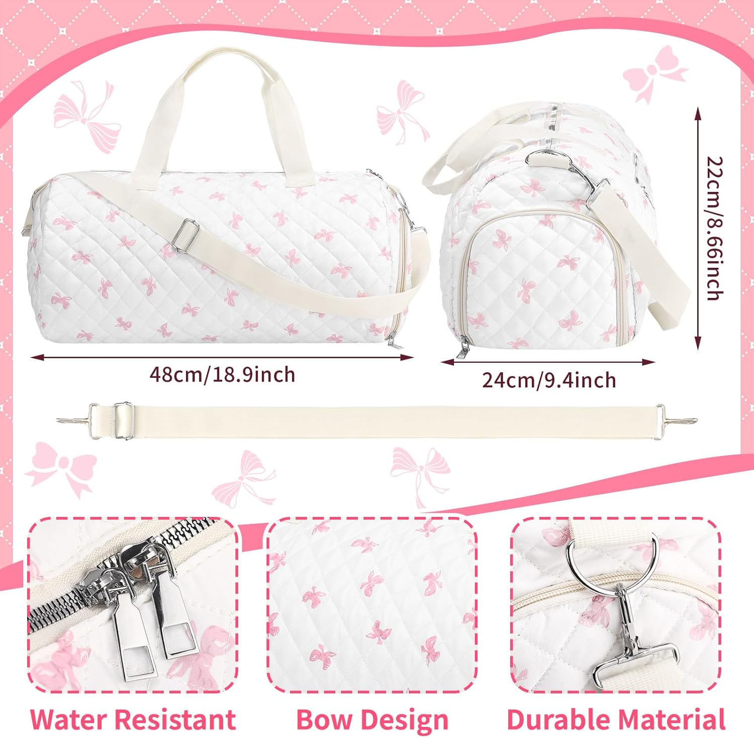 Quilted Duffle Bag for Women Cotton Pink Bow Dance Bag with Adjustable Carry Strap and Handy Pouch Floral Backpack for Dancers - Image 2