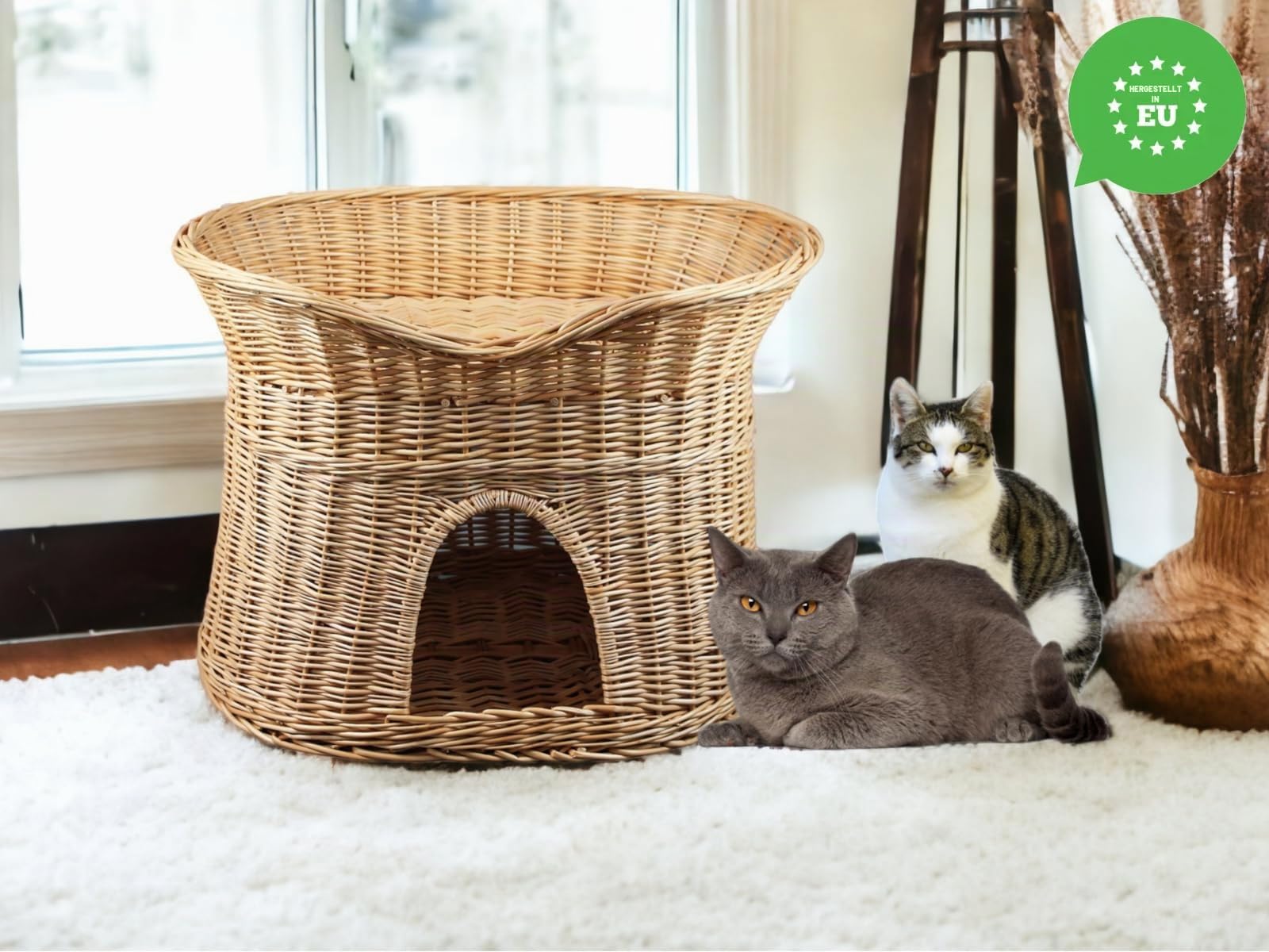 Katzenkorb zum Schlafen – Katzenhütte Indoor – Größe L: 60 cm oval – Katzenhöhle aus Weide – Zweistöckiger Hunde – oder Katzenbett – Natürliche Korbfarbe