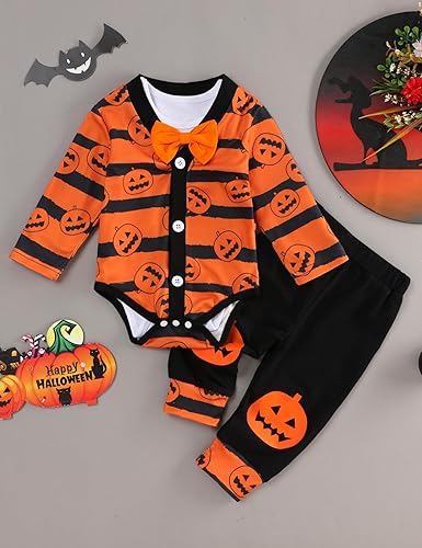 Miniatura 2 de My First Halloween - Conjunto de ropa de Halloween para bebé, abrigo de calabaza, corbatín y pantalones a rayas, ropa infantil de Halloween