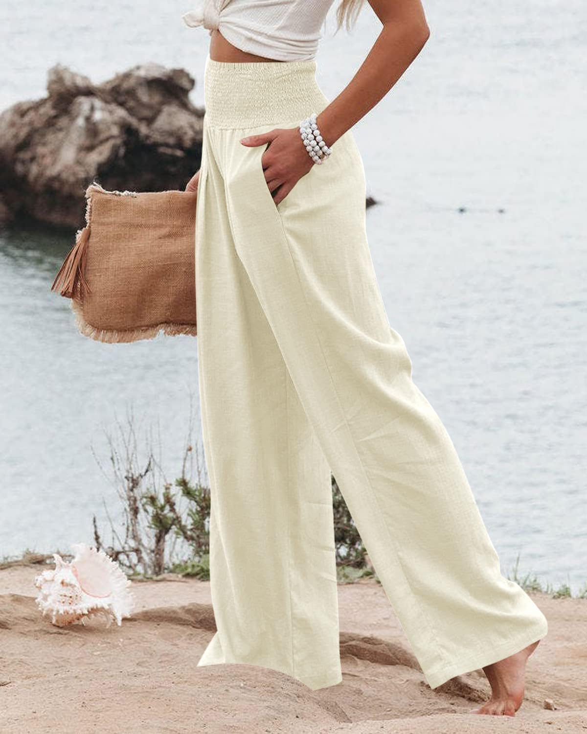 Vansha Women Summer High Waisted Cotton Linen Palazzo Pants Wide Leg Long Lounge Pant Trousers with Pocket - Image 3