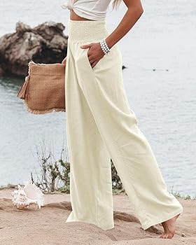 Vansha Women Summer High Waisted Cotton Linen Palazzo Pants