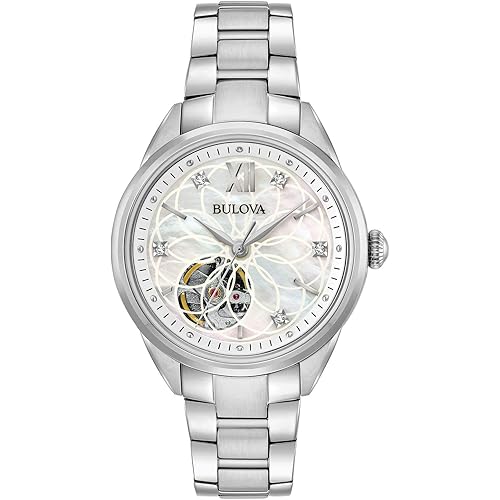 Bulova Ladies' Classic Diamond 3-Hand Automatic in Stainless Steel, Mother-of-Pearl Dial and Open Aperture Dial