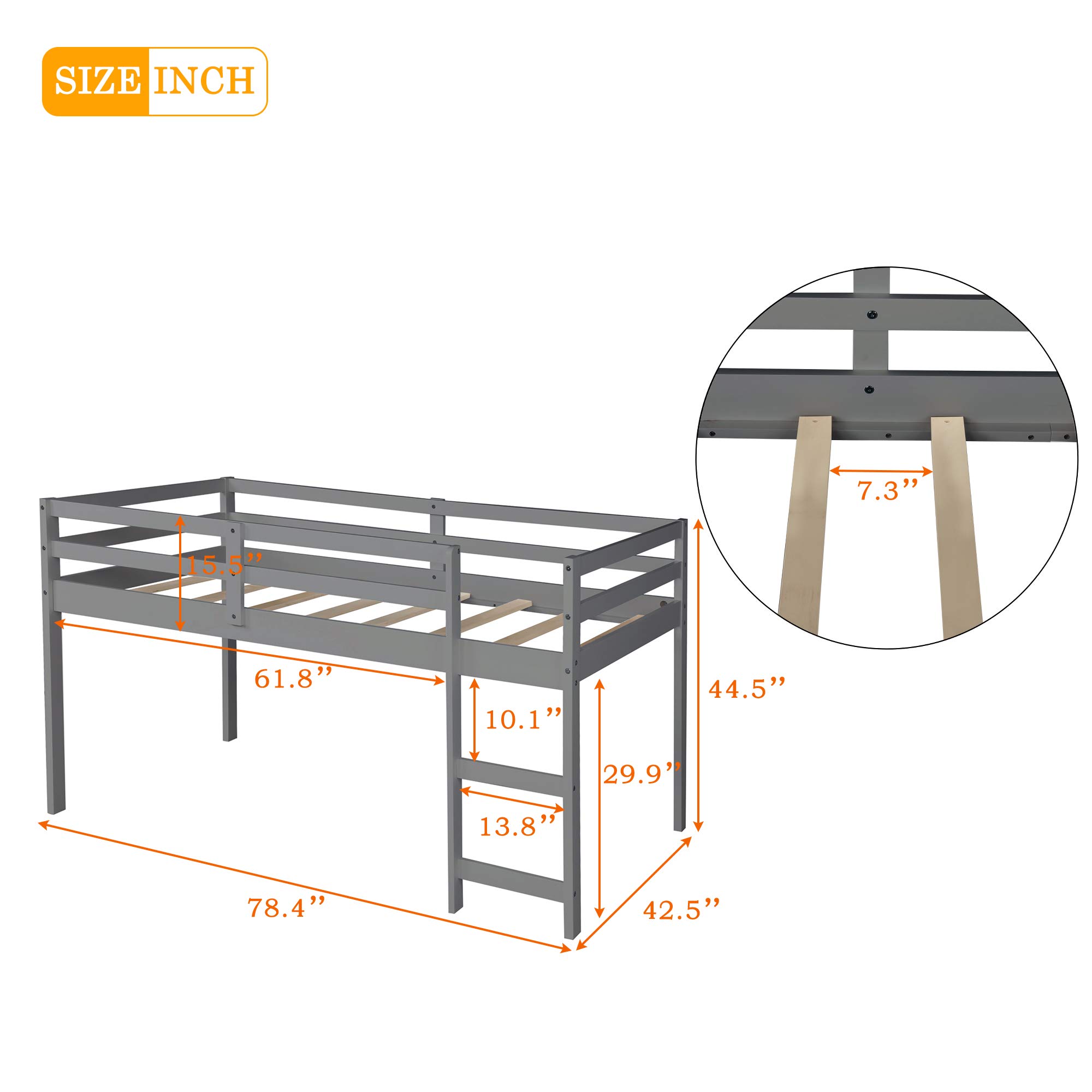 Twin Loft Bed with Desk, Low Study Loft Bed with Storage and