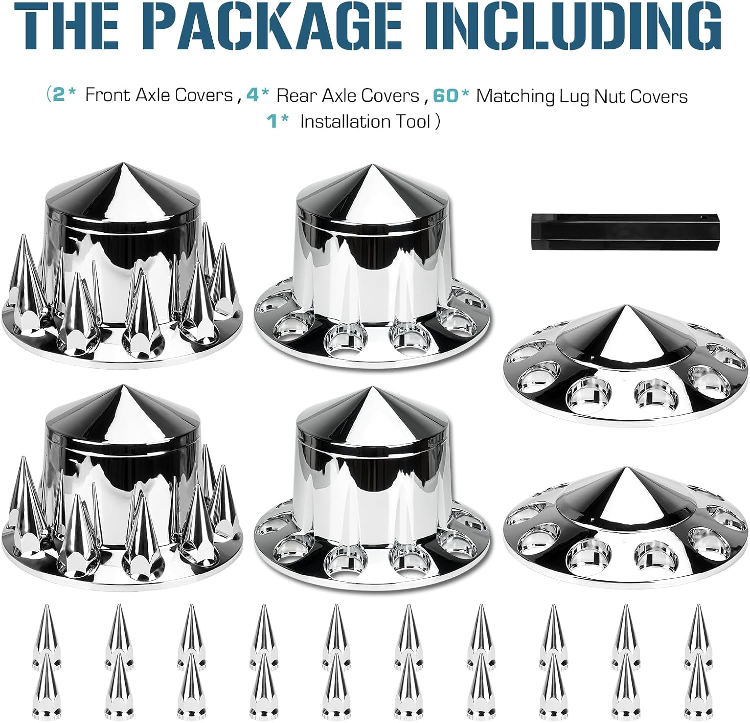 2 Front and 4 Rear Axle Wheel Covers Axle Cover 33mm Chromed Thread-On Lug Nut Covers with Removable Hub Caps for Semi Truck (Installation Tool Included)