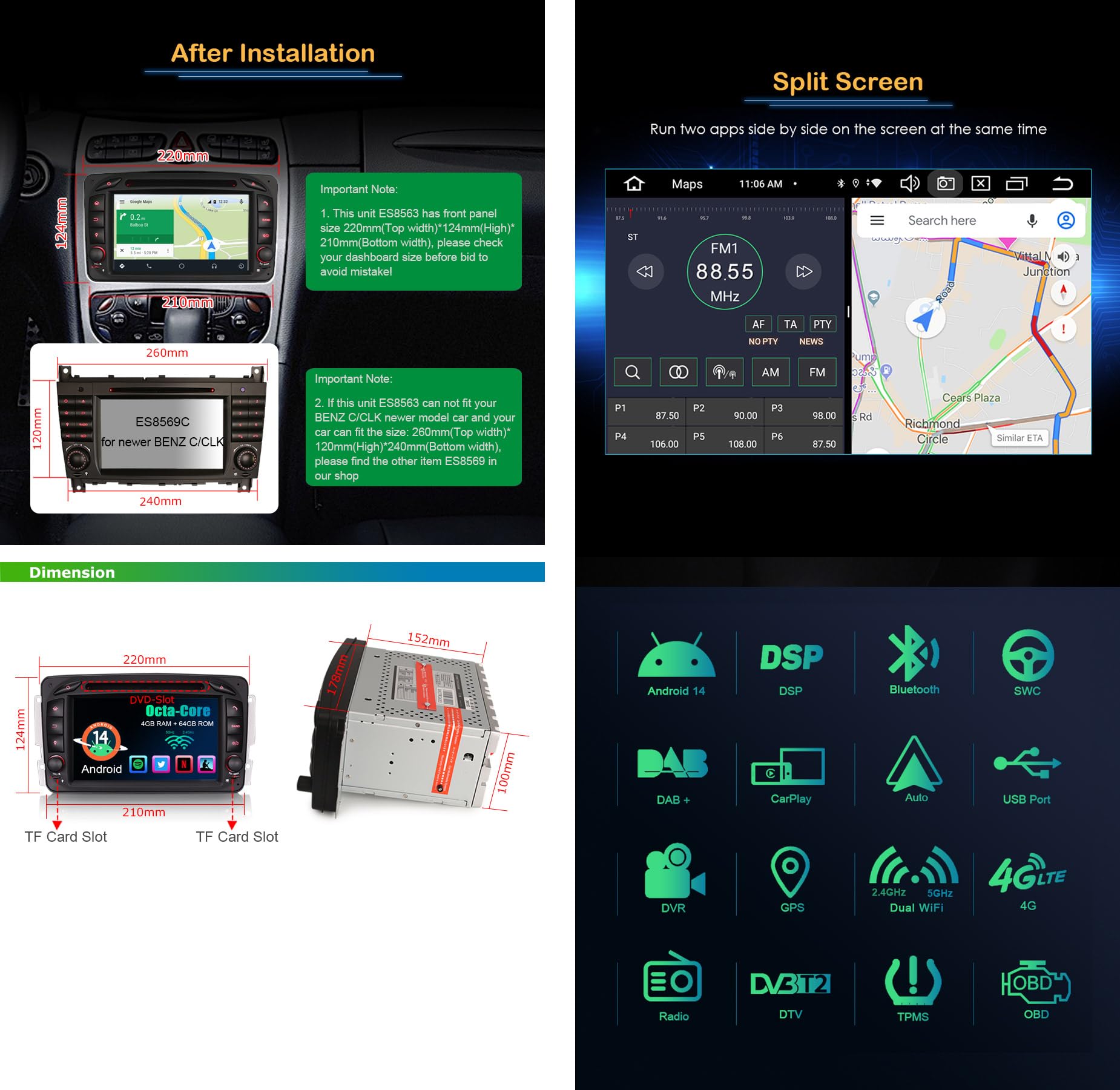 Erisin 8-Core 7" Android 14 4GB+64GB GPS Navegación DVD Estéreo de Automóvil Reproductor para Mercedes C CLK G Classe W203 W209 W463 Viano Vito Soporta Bluetooth 5.0 Dab+CarPlay Android Auto WiFi DSP