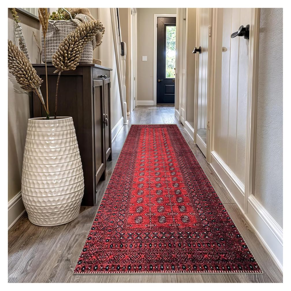 Tapis de passage 140x700cm couloir floral rouge lavable doux