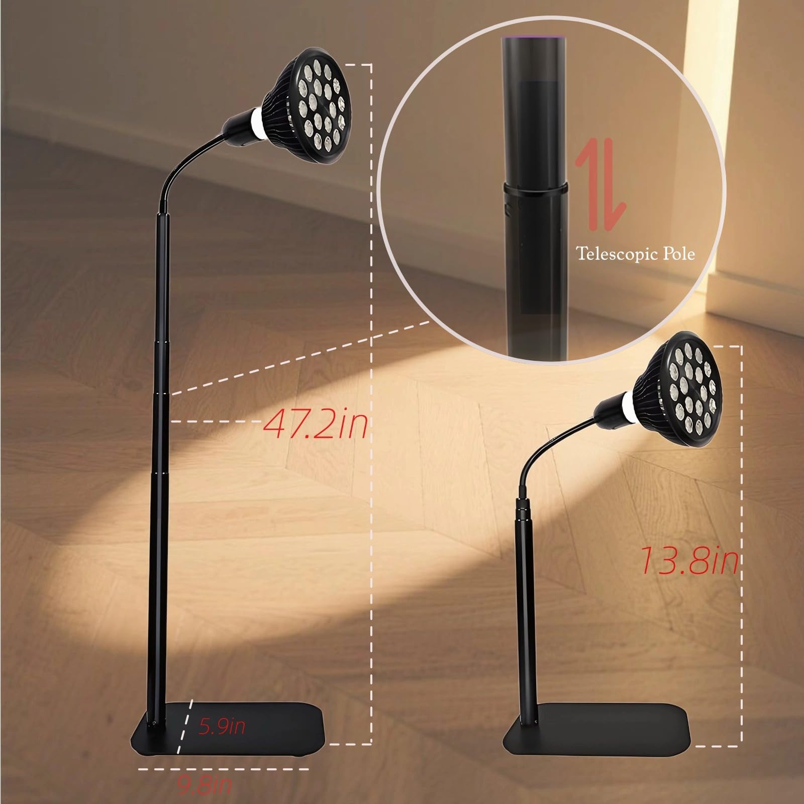 Lampe de luminothérapie rouge infrarouge 660 nm et 850 nm avec support et angles réglables pour le visage et le corps – 54 W, 18 LED, minuterie de 5 à 30 minutes, 5 niveaux de luminosité avec lunettes