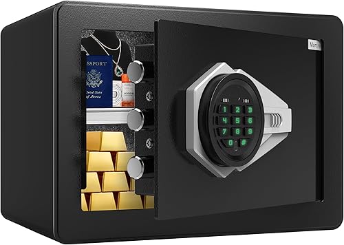 Caja de seguridad pequeña, caja fuerte de 0.8 pies cúbicos con teclado de seguridad digital y luz sensor, caja fuerte para dinero en efectivo,