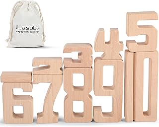 Lasoba Wooden Number Building Blocks, Large Digit Blocks 1-10, 10 Pcs Math Blocks Number Toys for Kids, Educational Blocks for Toddlers, Toys to Learn Numbers for 3 Year Olds +