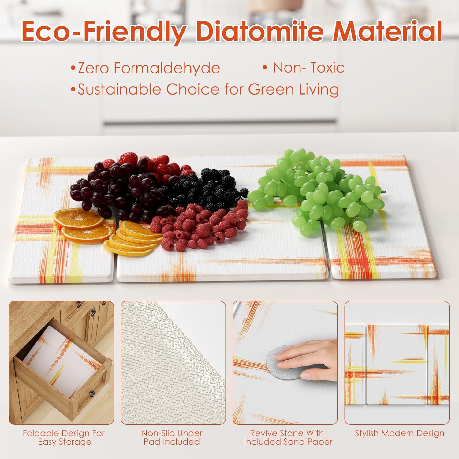 3 PCS Large Stone Dish Drying Mat for Kitchen Counter -24"x16" Absorbent Diatomaceous Earth Mat with Stone Faucet Mat & Soap Tray - Quick Dry, Collapsible, Non-Slip Countertop Organizer