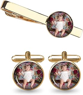Personalized Cufflinks and Tie Clip Set with Photo/Letter/Initials, Cust...