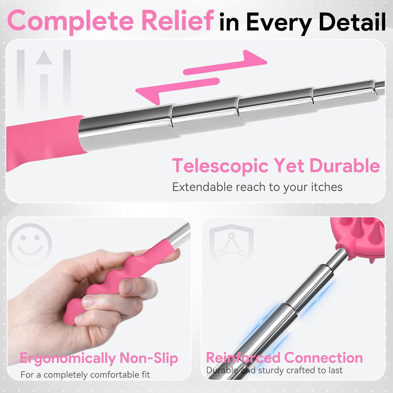 Gumry Versatile Back Scratcher - Portable Telescoping Extendable Back Massager Tool with Different Heads & Rubber Handles, Stocking Stuffers & Birthday Gifts for Women, Mom, Her, Men - Pink