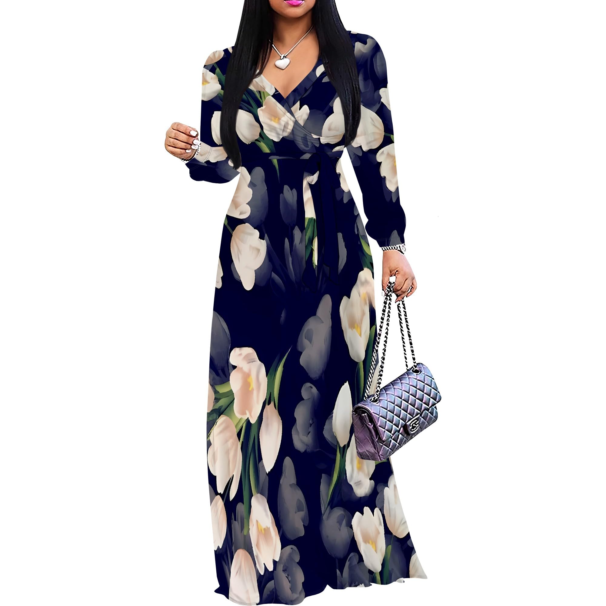 PinkPatty Women's Plus Size V Neck Long Sleeve Wrap Maxi Dress with Belt