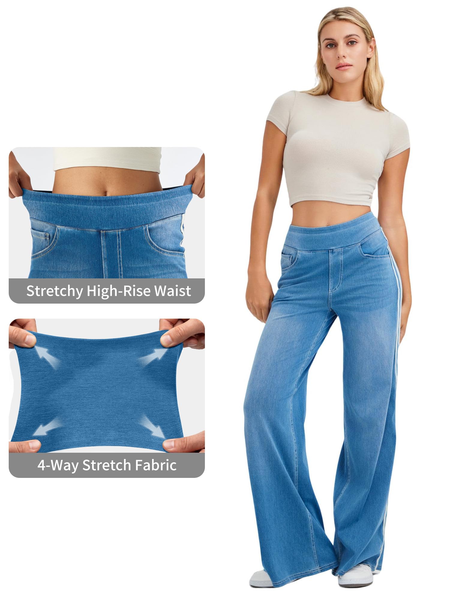 LaiEr Jean à Jambe Large pour Femme Design Unique à Blocs de Couleurs, Taille Haute avec Contention Abdominale, Coupe Droite et Ample.Denim en Pantalons à Haute élasticité