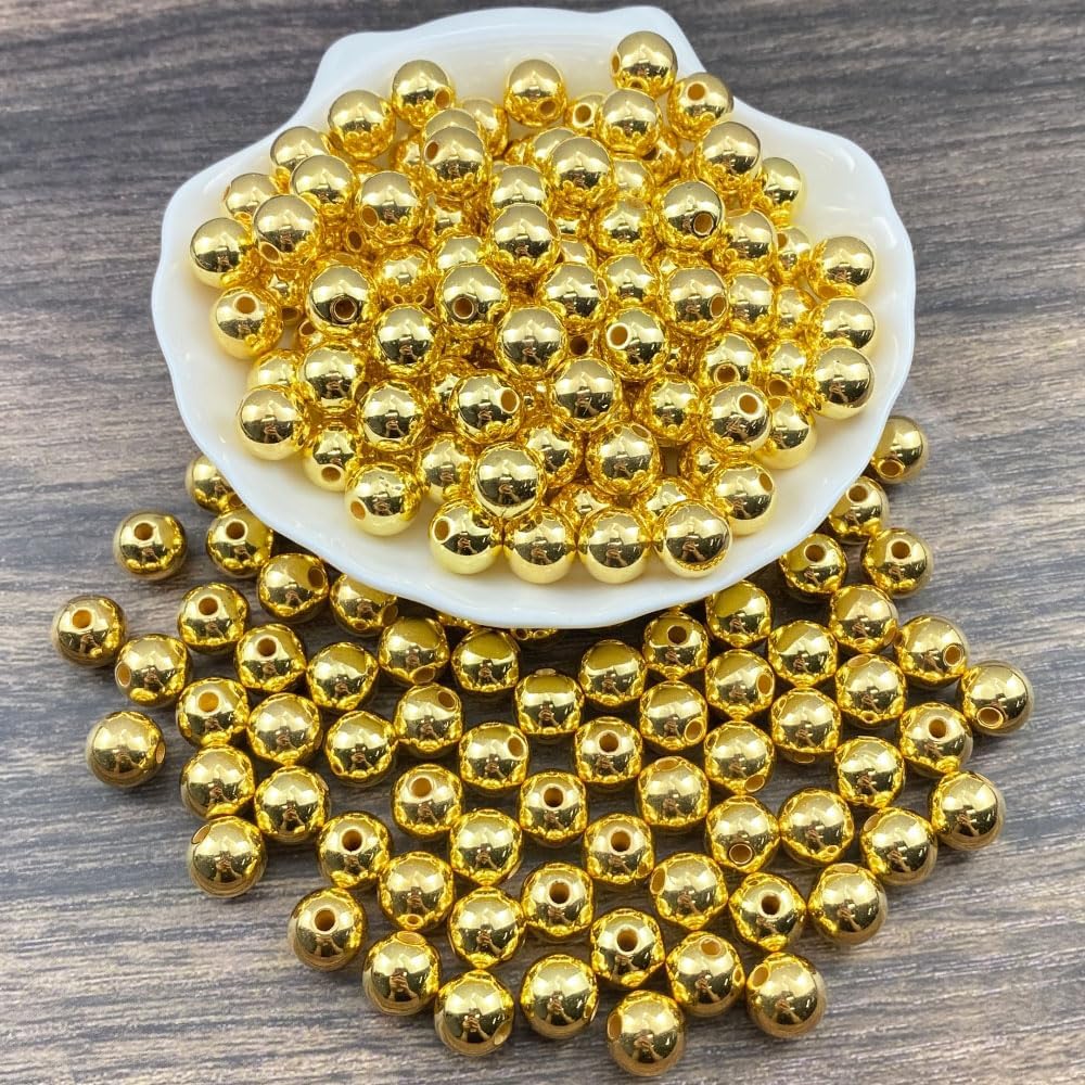 200pcs 10mm Pearl Beads AB Colorful Glossy Plastic Loose Spacer Crafts Beads for Jewelry Making Earring Bracelet Necklace Home Decoration (Gold) - Image 2