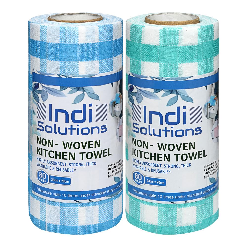 Indi Solutions Non-Woven Kitchen Towel Roll | 160 Pulls | Blue & Green Check | 80 Pulls X 2 Rolls | Food Safe | Washable and Reusable | Highly Absorbent-image-33
