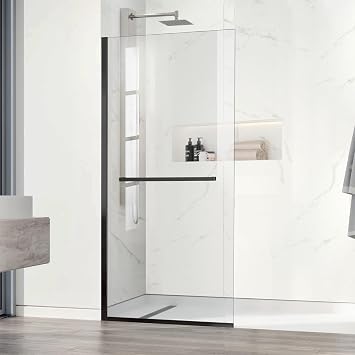 Shower Glass Panel, 34" W x 72" H Semi-Framed Fixed Shower Screen Panel with Handle, 5/16"8mm SGCC Clear Tempered Glass, Frameless Walk in Shower Door for Bathroom, Matte Black