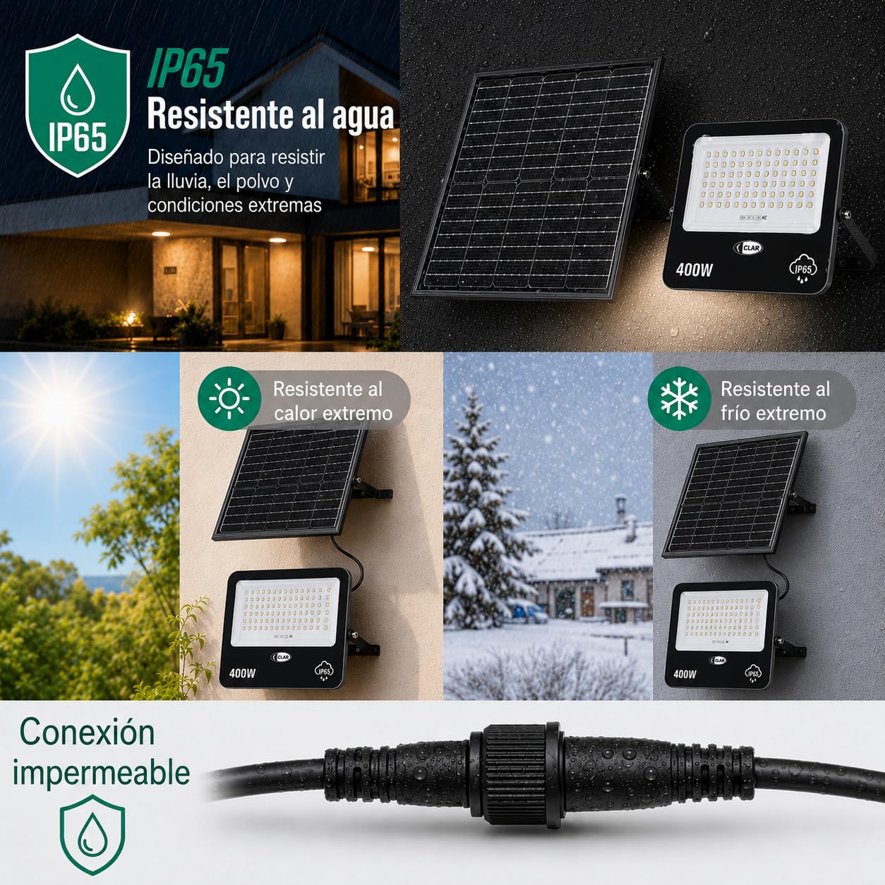 CLAR - Luces Solares LED Exterior Jardin, Focos LED Exterior Solares, Foco Solar Exterior, Mando a Distancia Incluido, 400W