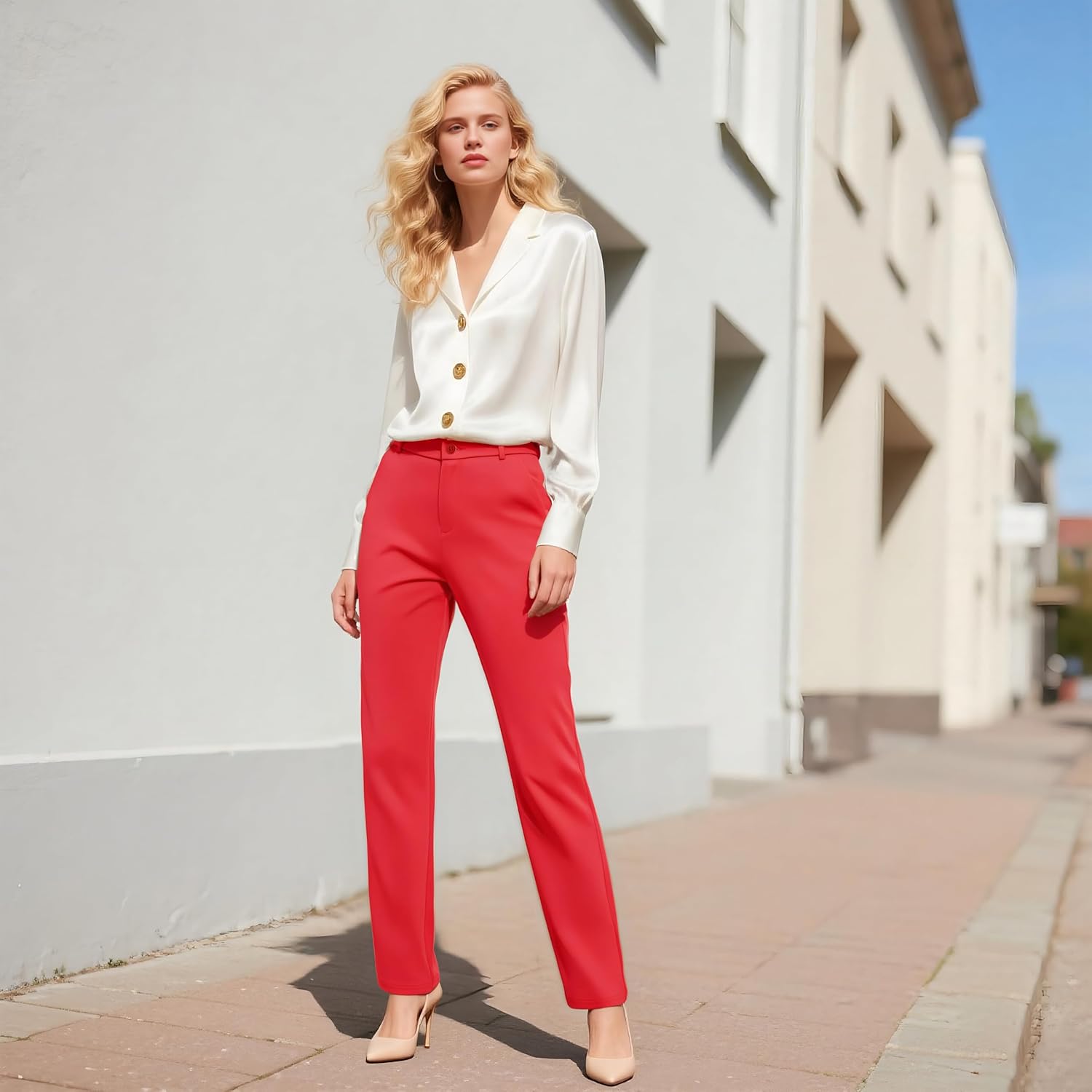 iChosy Women's Stretchy Straight Leg Dress Work Pants Business Office Casual Slacks with Pockets - Image 3