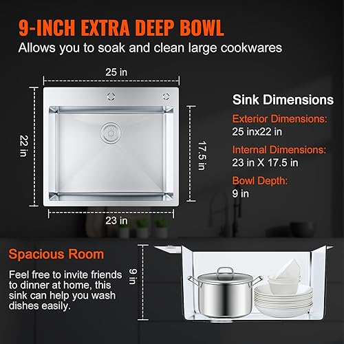 Miniatura 3 de VEVOR Fregadero de cocina, fregadero empotrado de acero inoxidable 304, cuenco individual de montaje superior con accesorios (paquete de 2),
