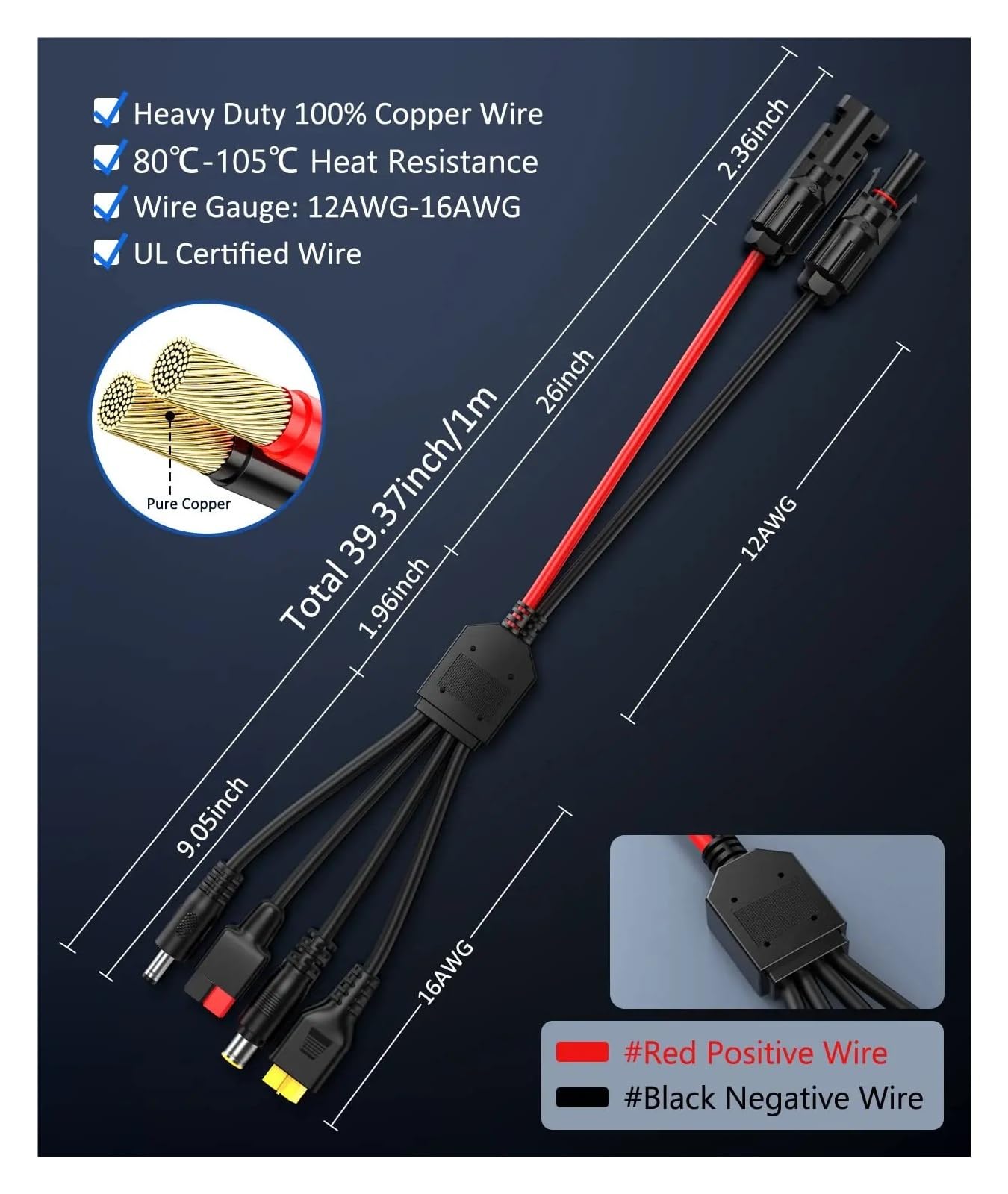 Cable Solar Cable de extensión Divisor for Conector de Panel Solar 4 en 1 de 39/70 Pulgadas, Compatible con Conector Anderson, Adaptador de CC, Enchufe de alimentación XT60(70inch)