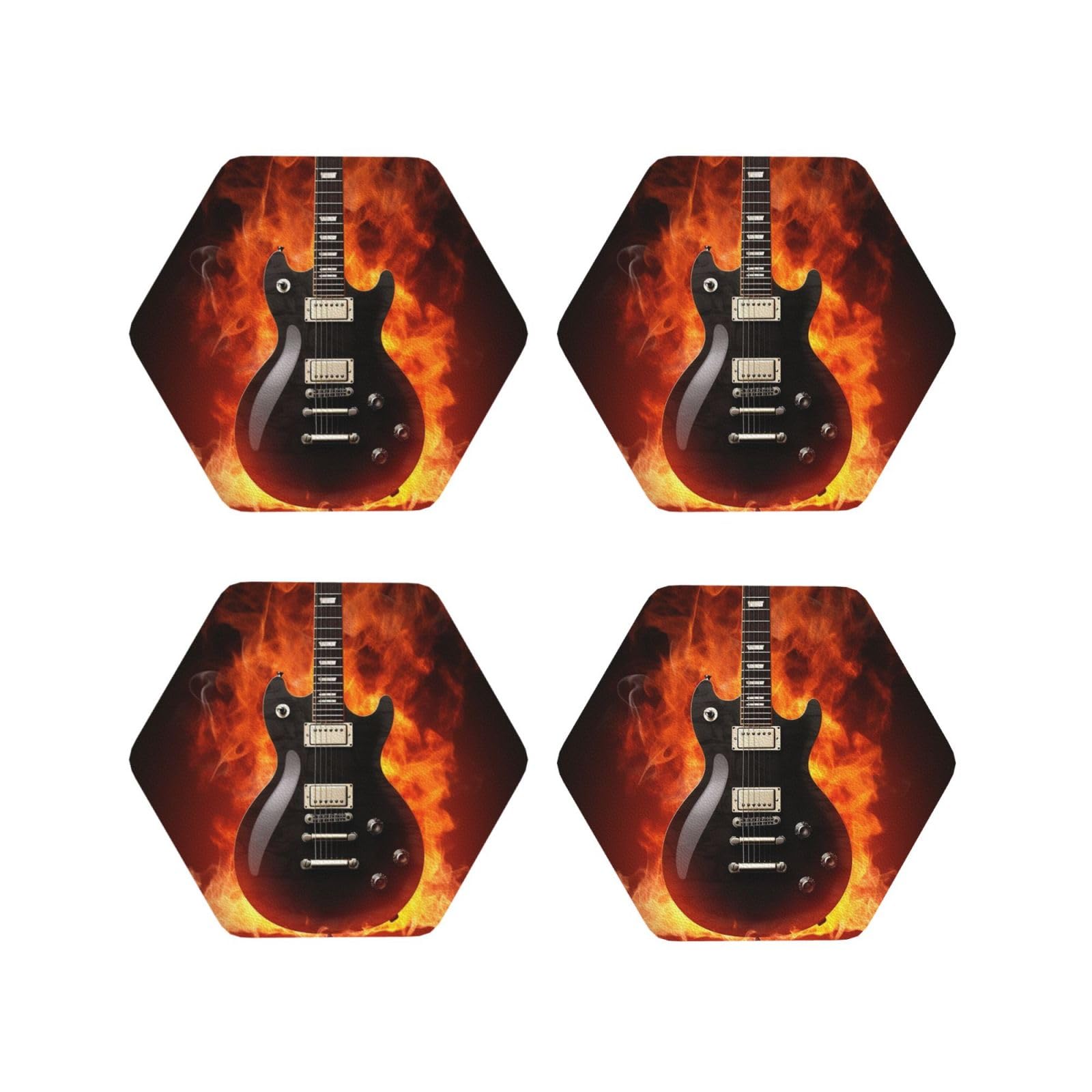 4Pcs PU Leather Coaster for Drinks, Rock Guitar Cup Coastersr 4" Cup Mat Pad, Aesthetic Drink Coasters for Coffee Table, Hexagon Coaster for Tabletop Protection