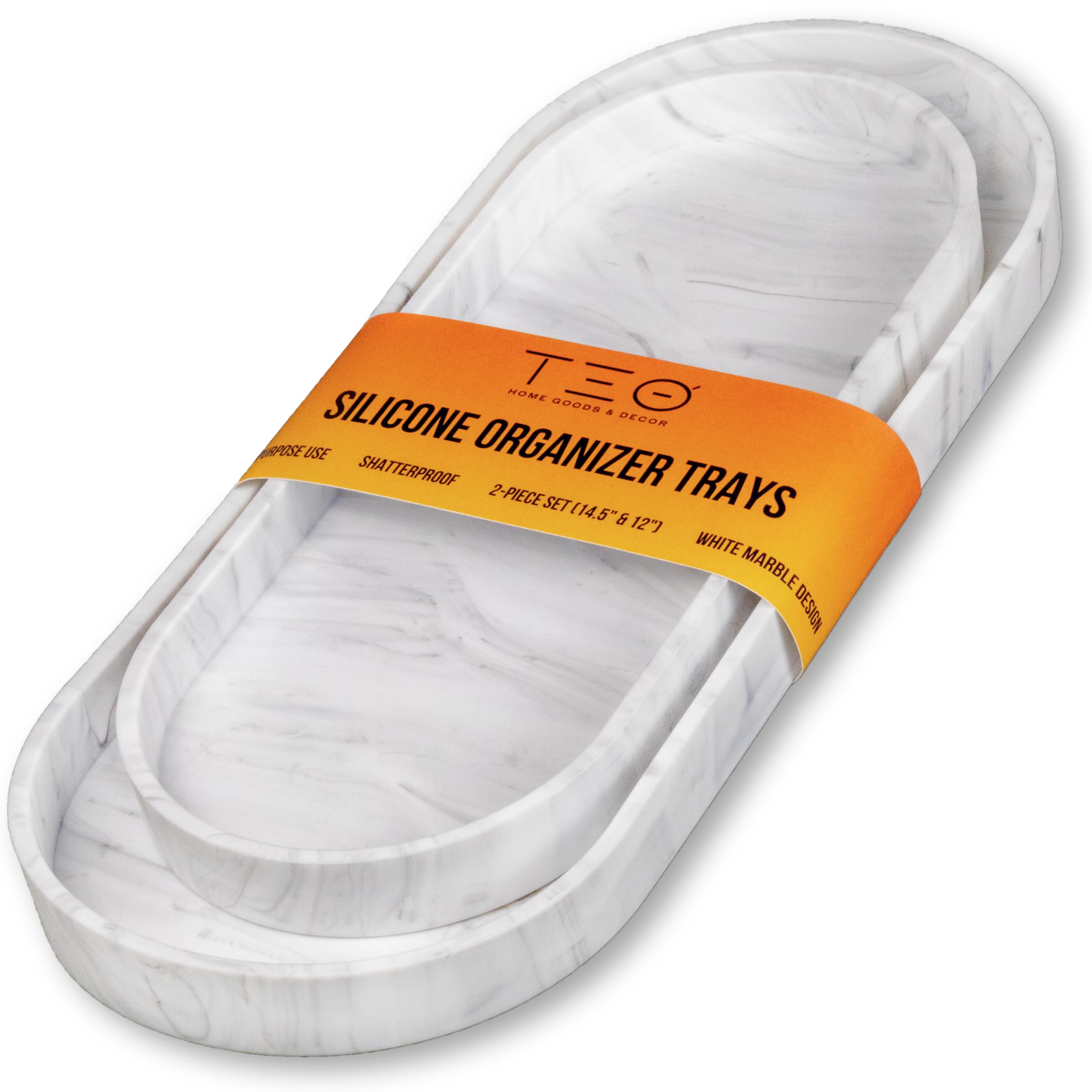 TEO Silicone Bathroom Tray Countertop Set - 2 PC (14.5" and 12") White Marble Design Shatterproof Vanity Trays for Bathroom, Kitchen Counter Tray, Dresser Tray, Tray for Soap Dispenser