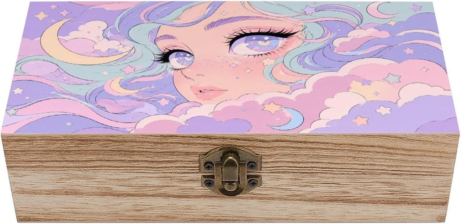 Celestial Dreamscape In Pastel Hues Wooden Storage Box with Hinged Lid for Women, Compact Durable Jewelry Gift Box for Preserve Photos Letters Small Heirlooms