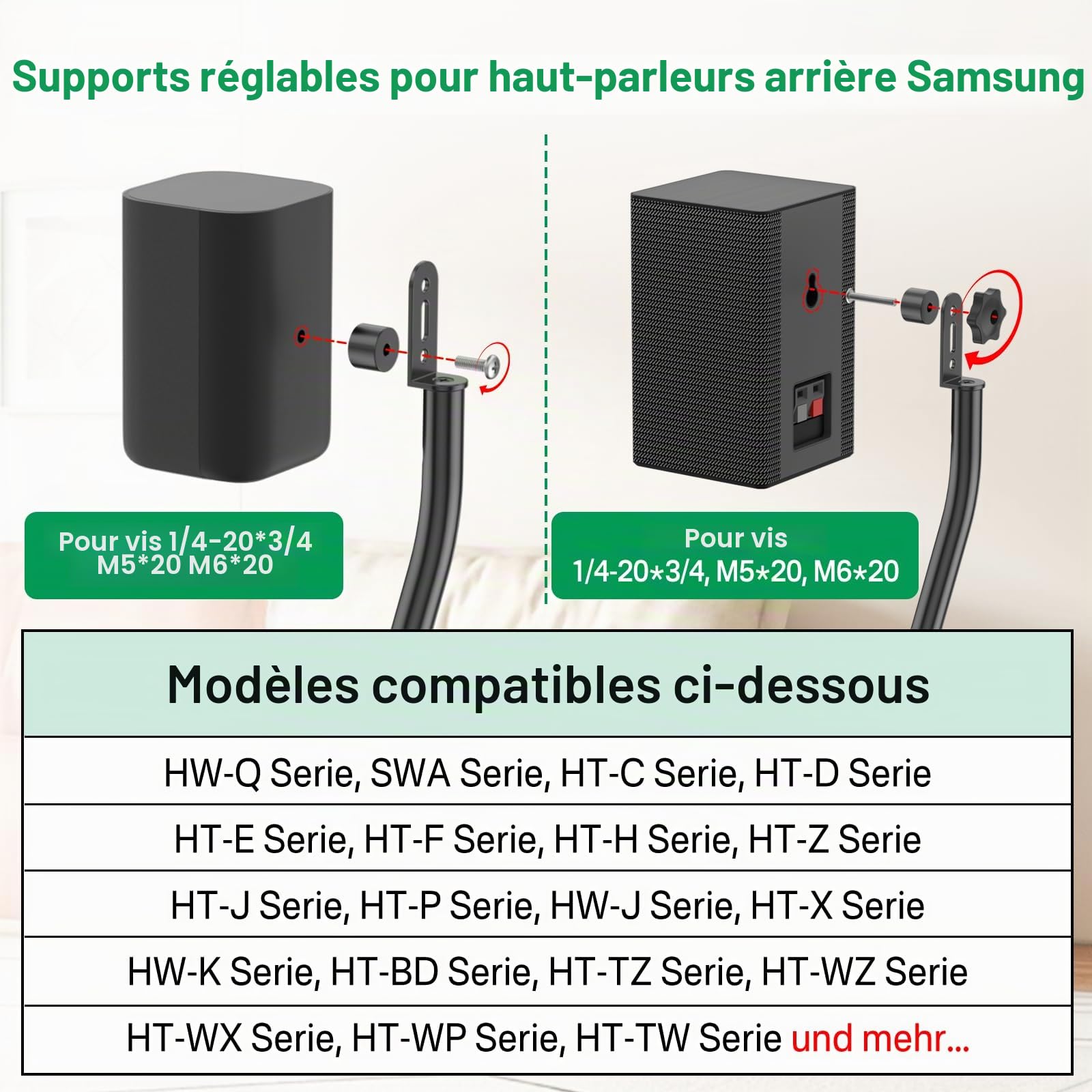 Support de Haut-Parleur pour Haut-parleurs Samsung – Support de Sol Ajustable 33" à 42" pour Haut-parleurs arrière Surround Samsung, avec Fixation Murale Incluse, idéal pour Installation Domestique