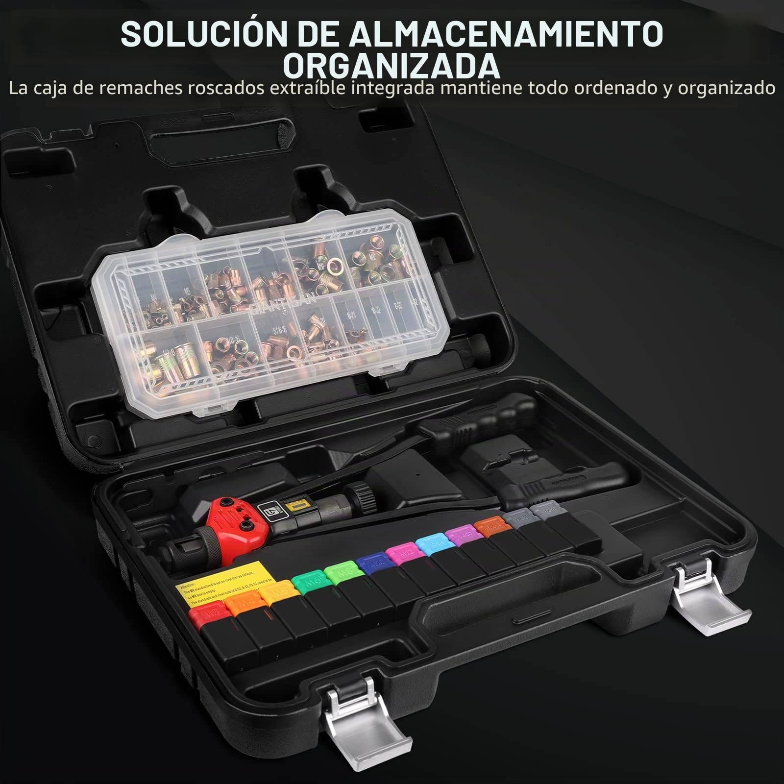 GIANTISAN - Remachadora Manual a 2 Manos, 41 cm, 12 Mandriles métricos y SAE, Kit Surtido de Tuercas de Remache de 176 Piezas y Funda de Transporte Resistente