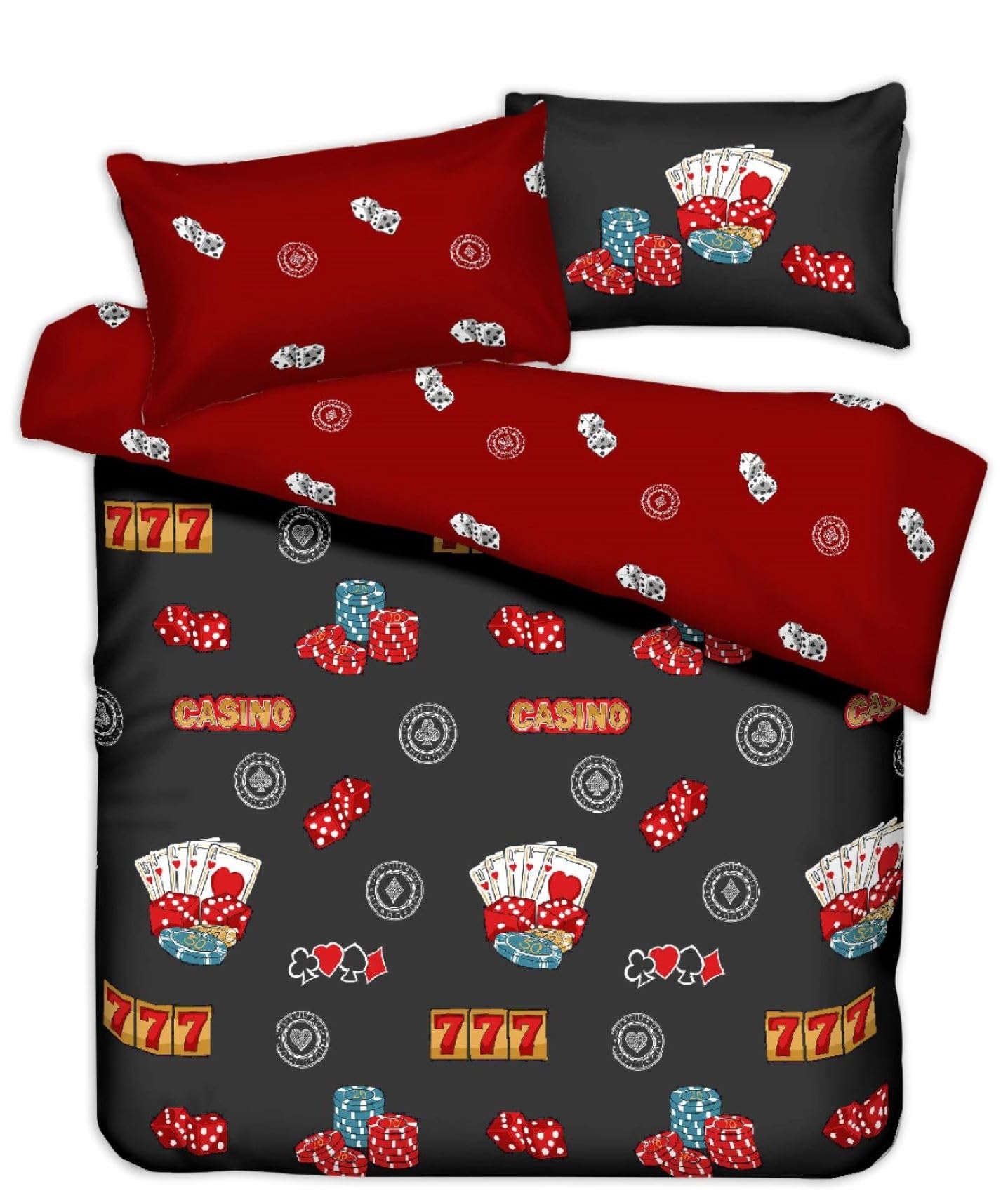 Charlotte Andersen Men's Red, Blue, Grey, Green, Black Casino King Duvet Cover Bedding Set Reversible – Soft Microfibre Bedding For Boys Poker, Dice, Cards & 777 Design Casino Bedding Gift For Birthday, Christmas & Father’s Day (Casino, King)
