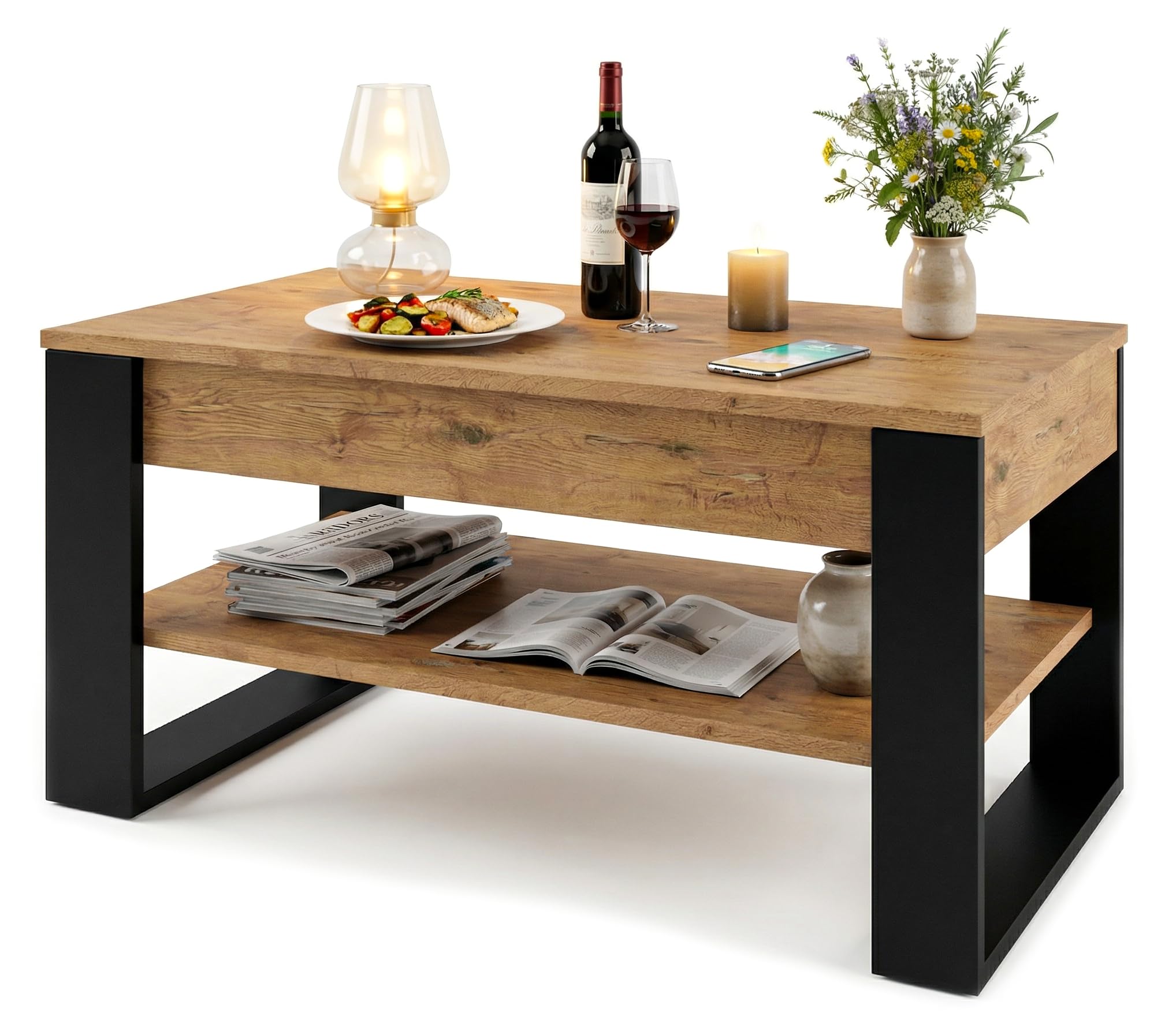 Mesa de Centro elevable | Mesa de salón Regulable con Almacenamiento | Roble Lancelot Negro con Estante y Compartimento Oculto
