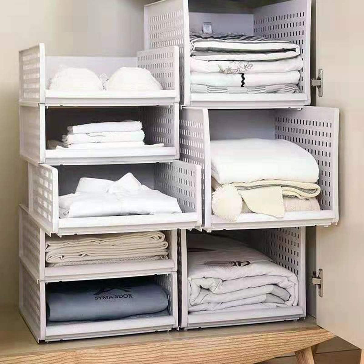 Wardrobe Storage Box ,4-Pack Plastic Wardrobe Organizer Stackable Detachable Baskets Closet Containers Bin Cubes Organiser, Home Office Bedroom Laundry Fold Pull Out Drawer Dividers for Clothes,Toys