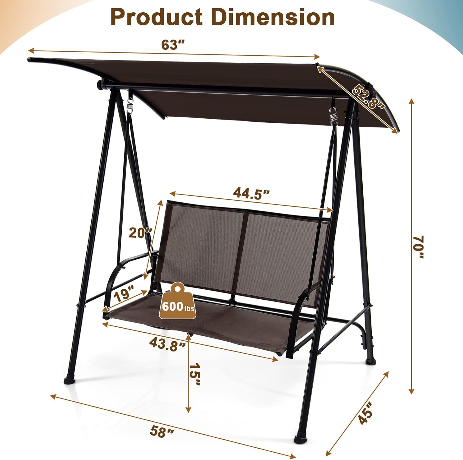 Diagram showing the dimensions of the Tangkula Porch Swing: 58 inches length, 45 inches width, 70 inches height, with seat and backrest measurements.