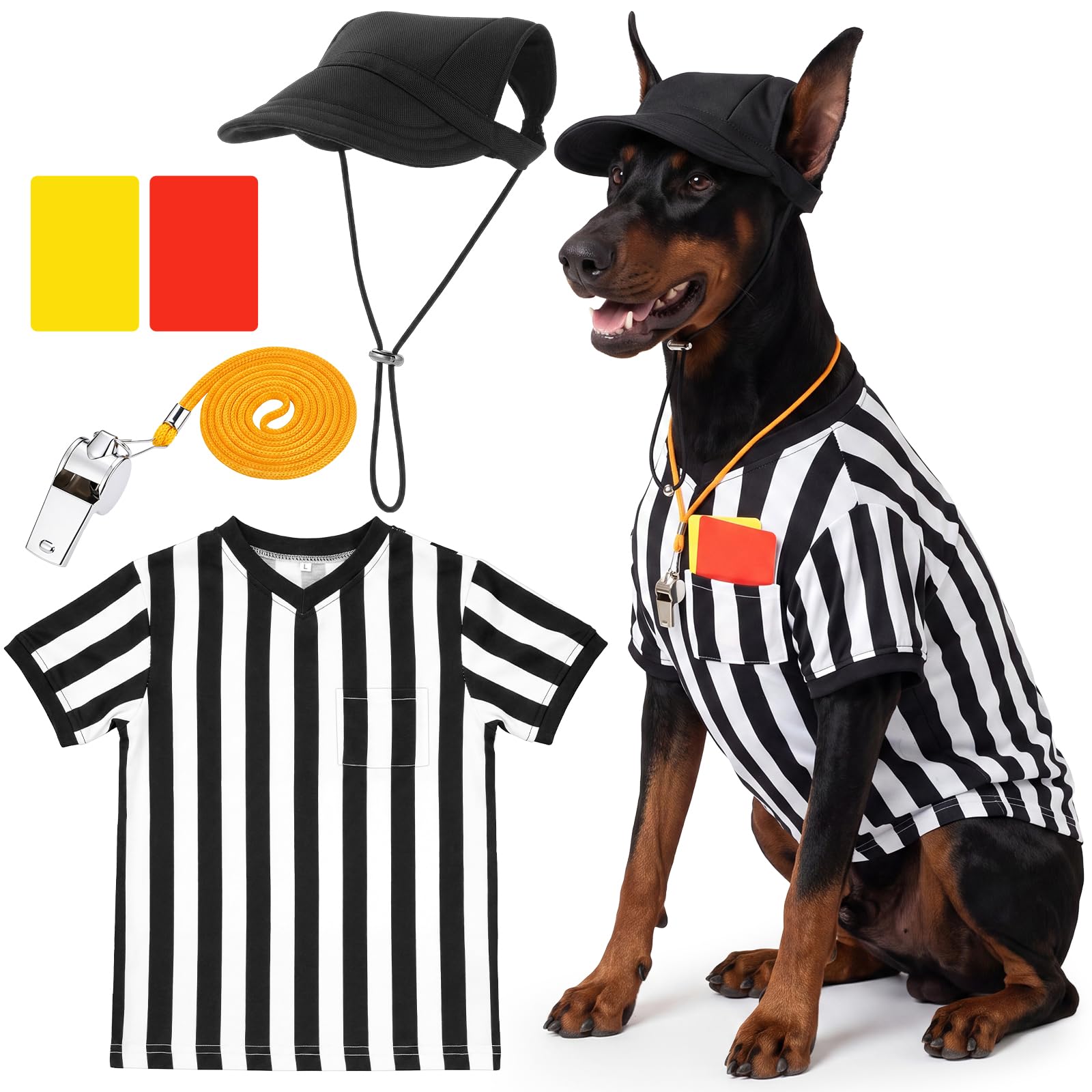 Halloween Large Dog Referee Costume Set with Shirt Cap Whistle Cards, XXL