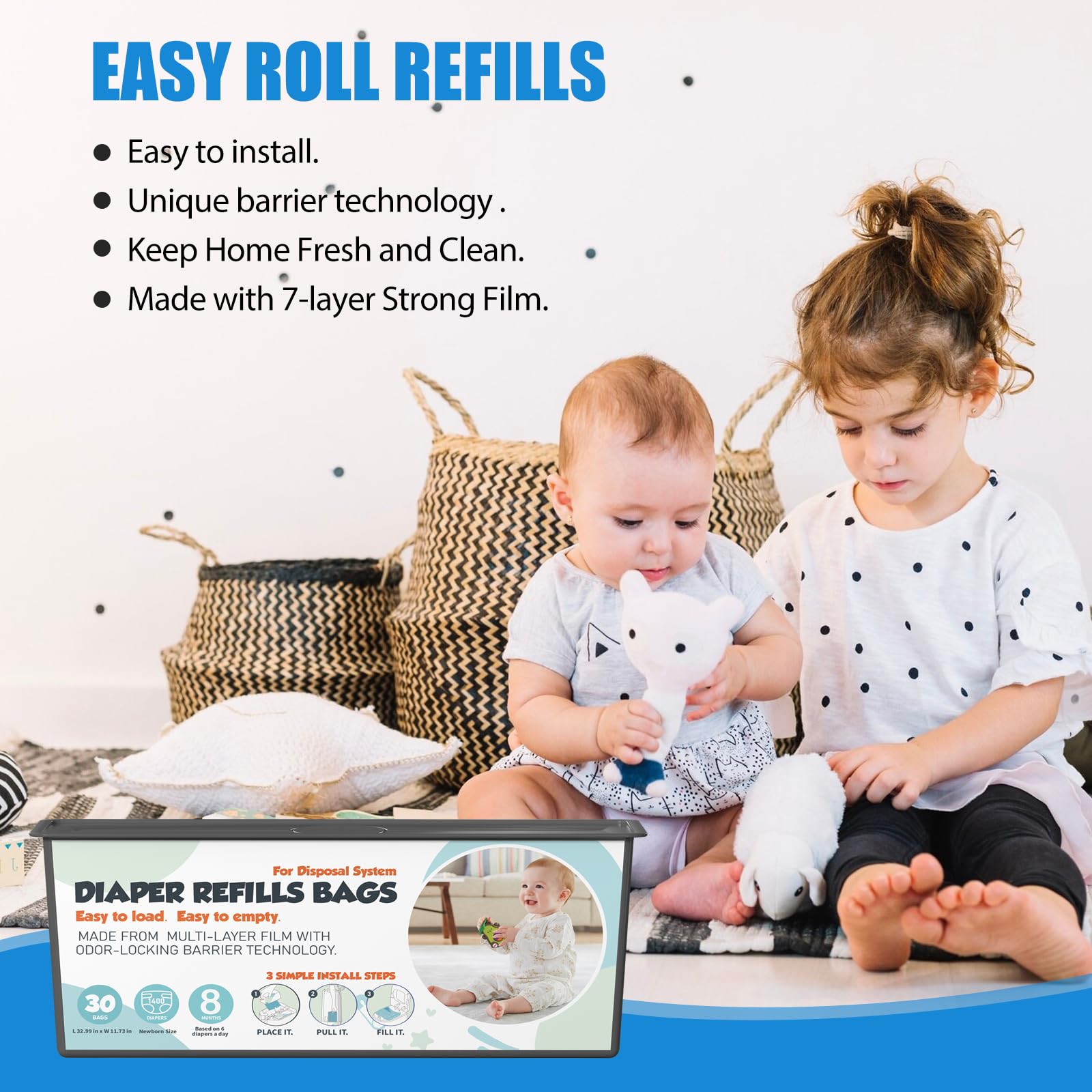 Sacchetti di ricarica per secchi per pannolini con 30 sacchetti (profumo di talco per bambini) compatibili con Genie Easy Roll Signature e Platinum, tecnologia a barriera antiodore a 7 strati