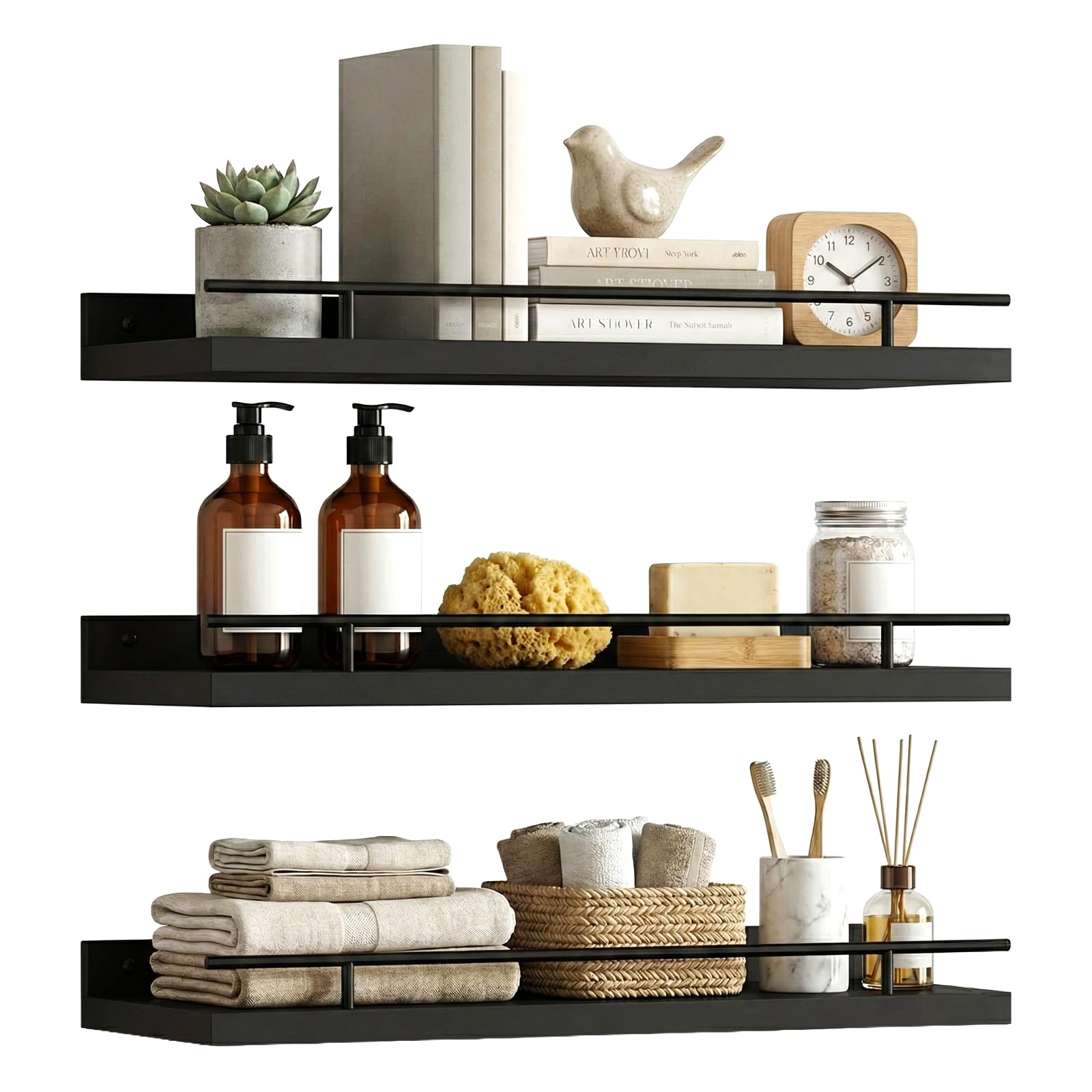 Woobroo 3 Pcs Floating Shelves Wall Mounted Shelf - Wood shelves for wall with Black Metal Guardrails Suitable for Bedroom, Living Room, Office and Laundry Room (Black)