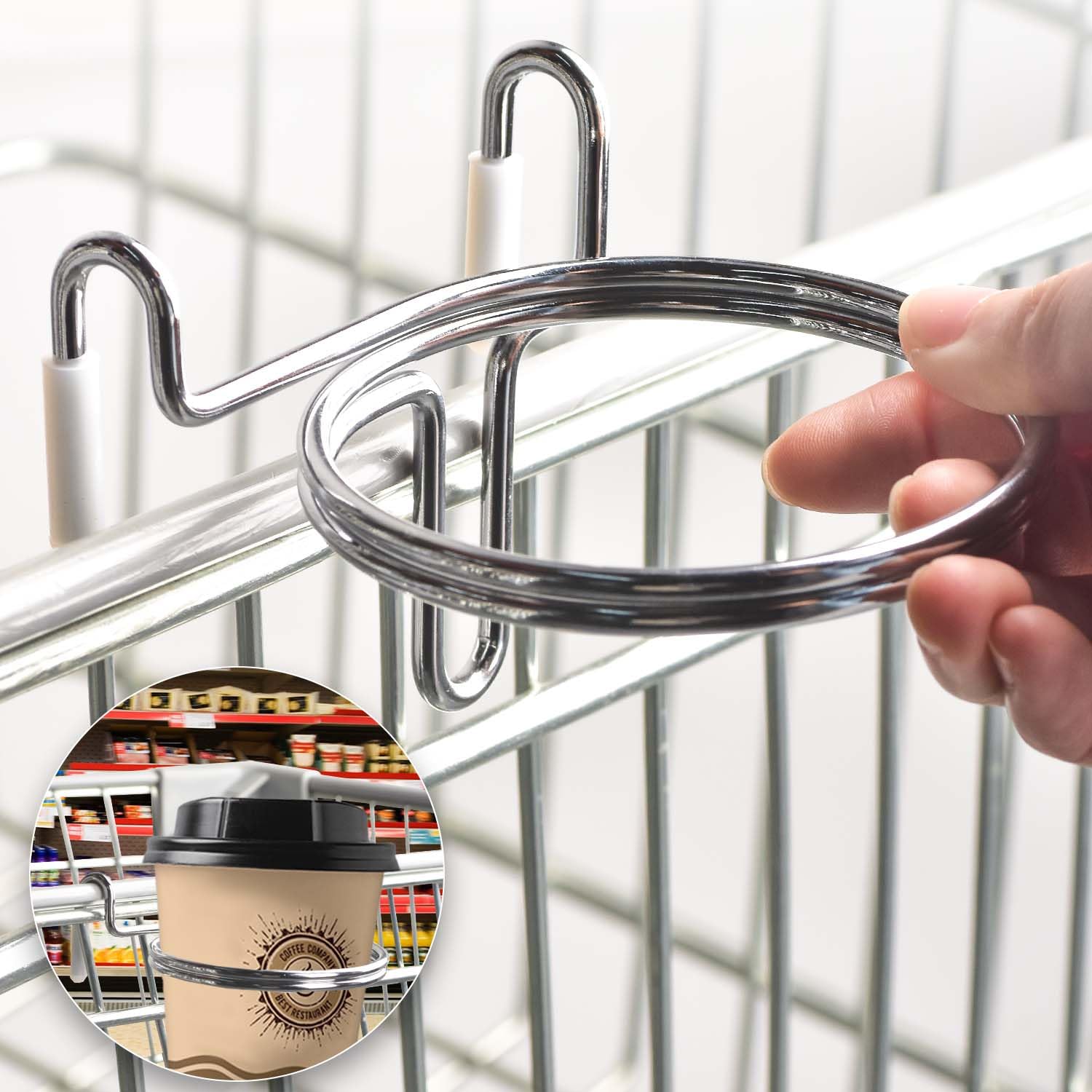 CAPHONT Shopping Cart Cup Holder, Portable Cup Holder Shopping Carts Drink Holder for Hanging Coffee Cup Drink Cups Tapered Cup Baby Bottle (Silver)