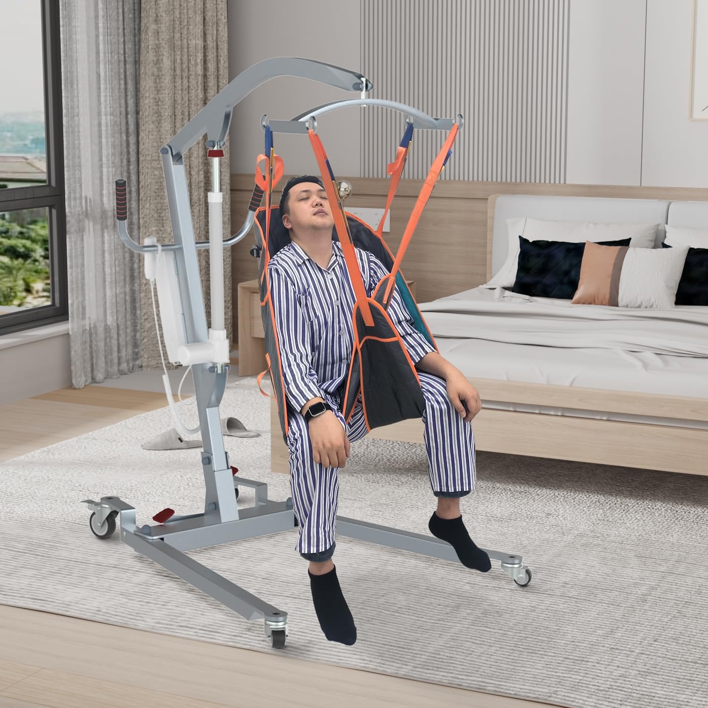 Padded U-Sling, Universal Patient Lift Sling for Home Use, Divided Leg Sling with Asjustable Head Support for toileting, Transfer Lift Slings, Size L, Supports up to 500 lbs