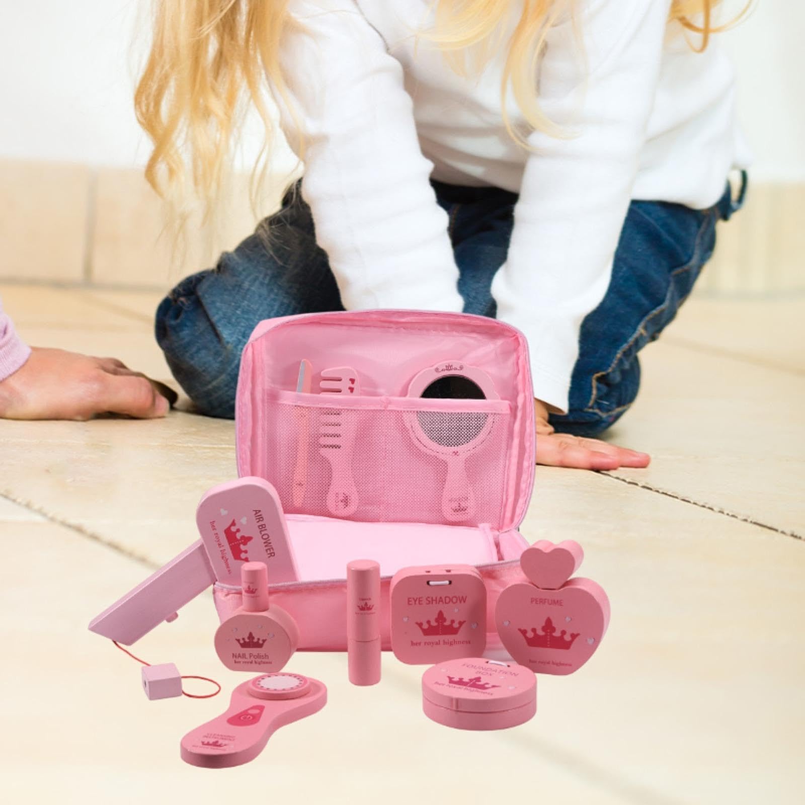 Kit Trucco Finto Bambina 10 Pezzi, Giocattolo Trucco in Legno e Stoffa, Portatile per Gioco di Ruolo