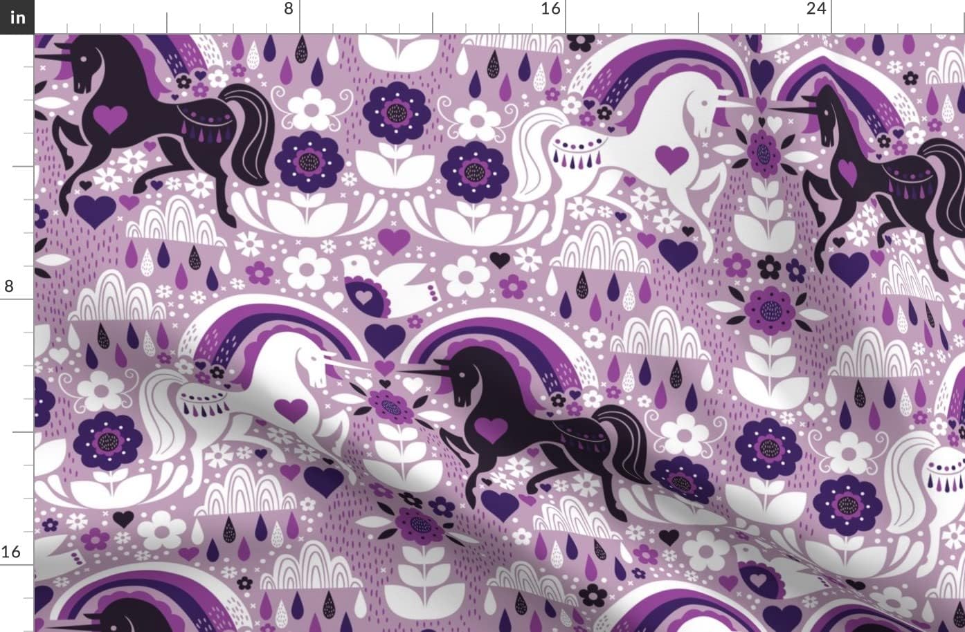 Spoonflower Fabric - Swedish Candy Garden Unicorn Kids Flowers Purple Rainbow Printed on Organic Cotton Sateen Fabric by The Yard - Sewing Quilting Apparel Home Decor